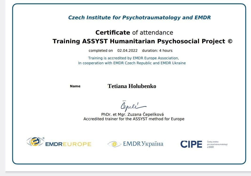 Certificate of attendance ASSYST, Czech Institute for Psychotraumatology and EMDR